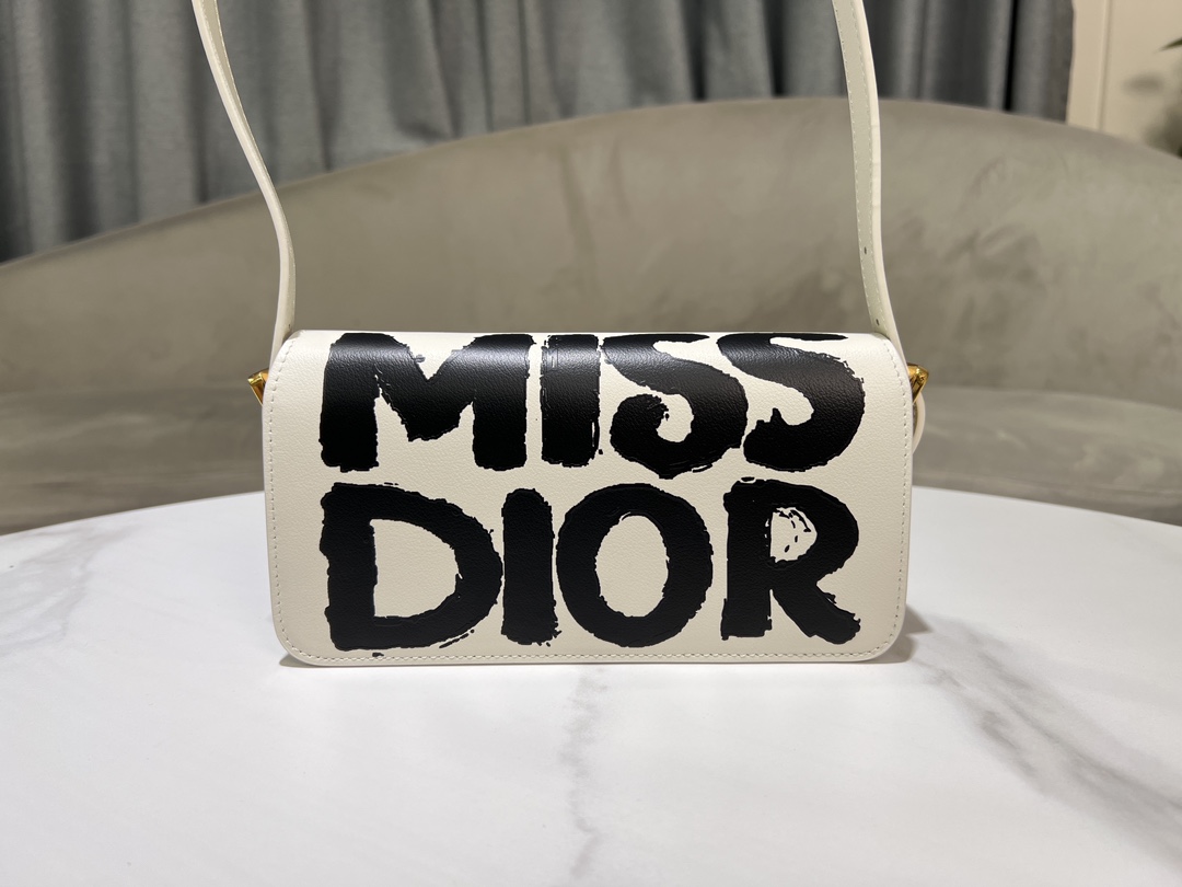 Miss Dior Flap Bag White and Black Miss Dior Graffiti Printed Calfskin